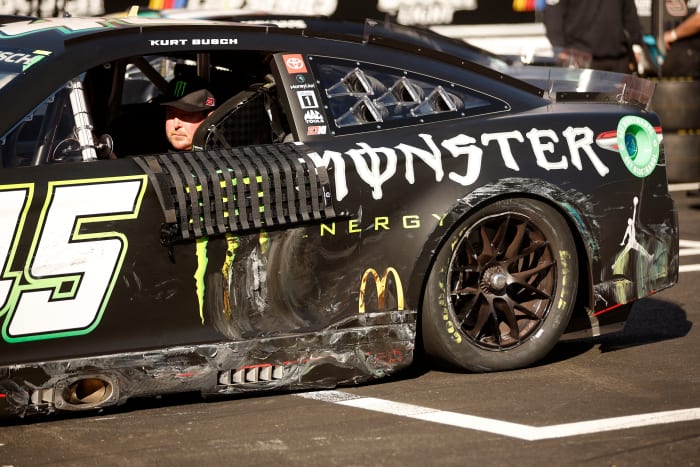 Kurt Busch, driver of the #45 Monster Energy Toyota, sits on the grid after an on-track incident in the last chance qualifying race for the NASCAR Cup Series Busch Light Clash at the Los Angeles Memorial Coliseum. (Photo by Chris Graythen/Getty Images)